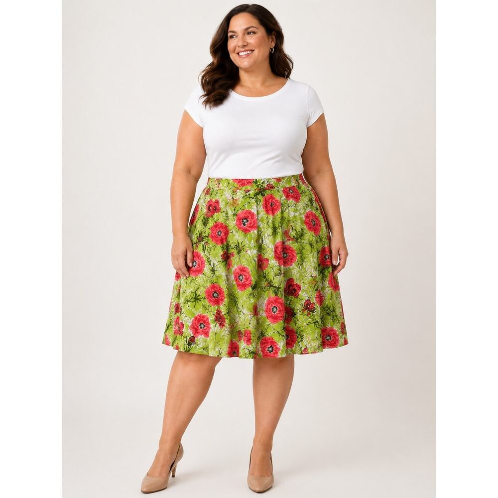 Talbots Poppy Butterfly Floral Green and Red Pleated Cotton Skirt 20 W Modest - Picture 1 of 8